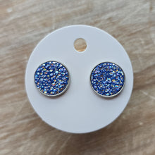 Load image into Gallery viewer, Blue Sparkle Leather Stud Earrings