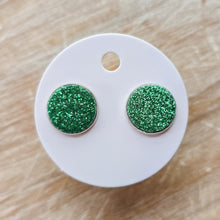 Load image into Gallery viewer, Green Glitter Leather Stud Earrings