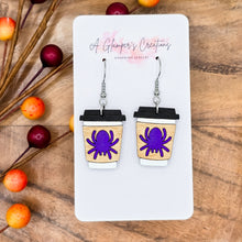 Load image into Gallery viewer, Spider Halloween Coffee Cup Handpainted Wooden Earrings