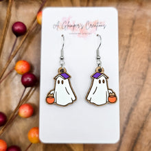 Load image into Gallery viewer, Trick or Treating Ghost with Book Halloween Handpainted Wooden Earrings