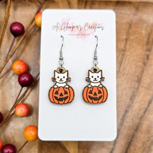 Load image into Gallery viewer, Cat in Jack O'Lantern Halloween Handpainted Wooden Earrings