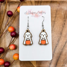 Load image into Gallery viewer, Trick or Treating Ghost Dog Halloween Handpainted Wooden Earrings