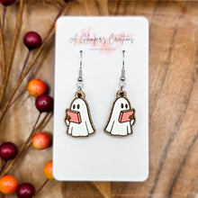 Load image into Gallery viewer, Reading Ghost Halloween Handpainted Wooden Earrings