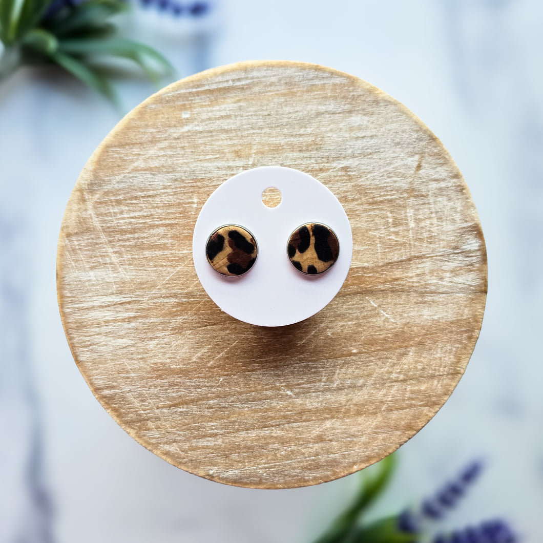 Leopard Cork Leather Stud Earrings