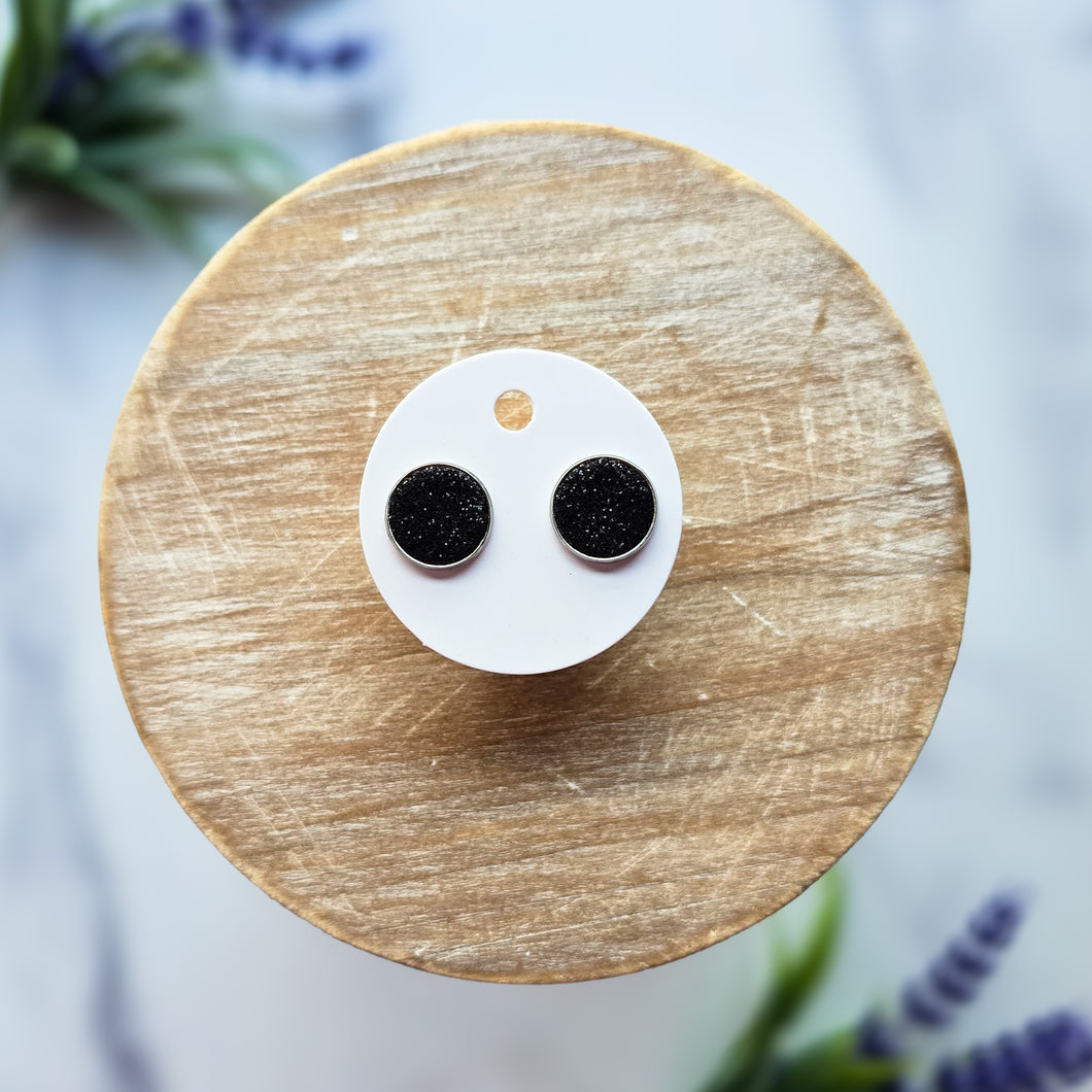Black Glitter Leather Stud Earrings