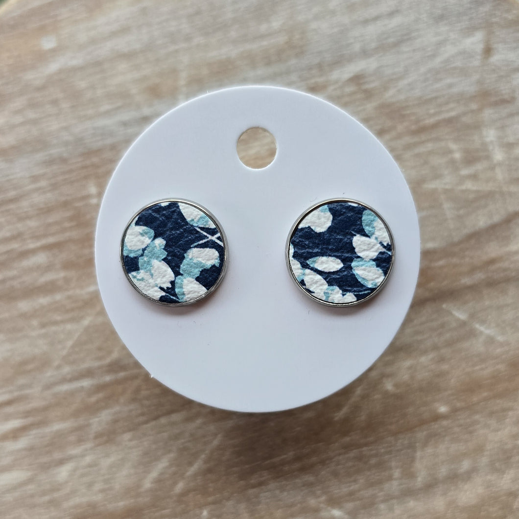 Blue Floral Leather Stud Earrings