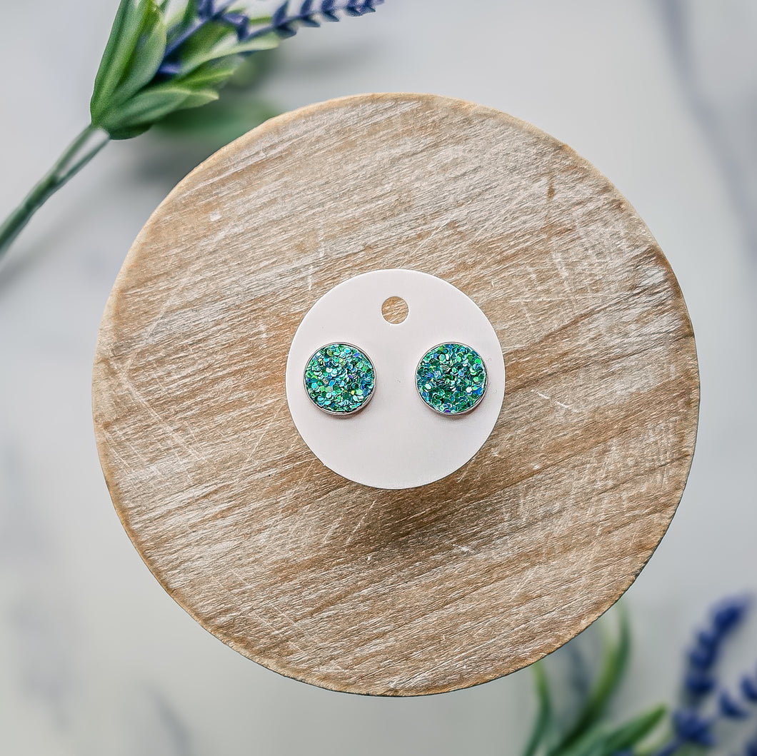 Turquoise Glitter Leather Stud Earrings