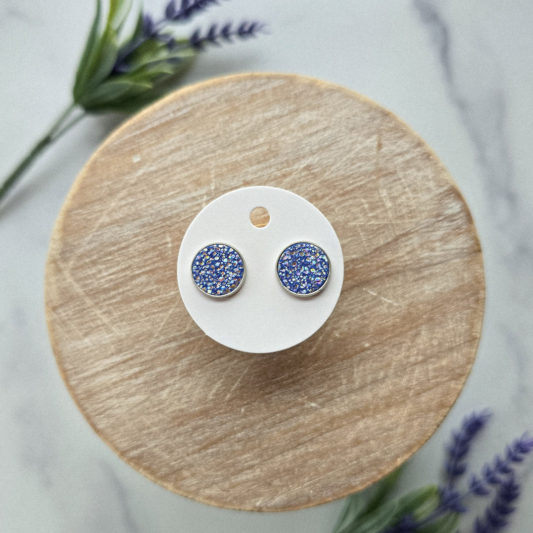 Blue Sparkle Leather Stud Earrings