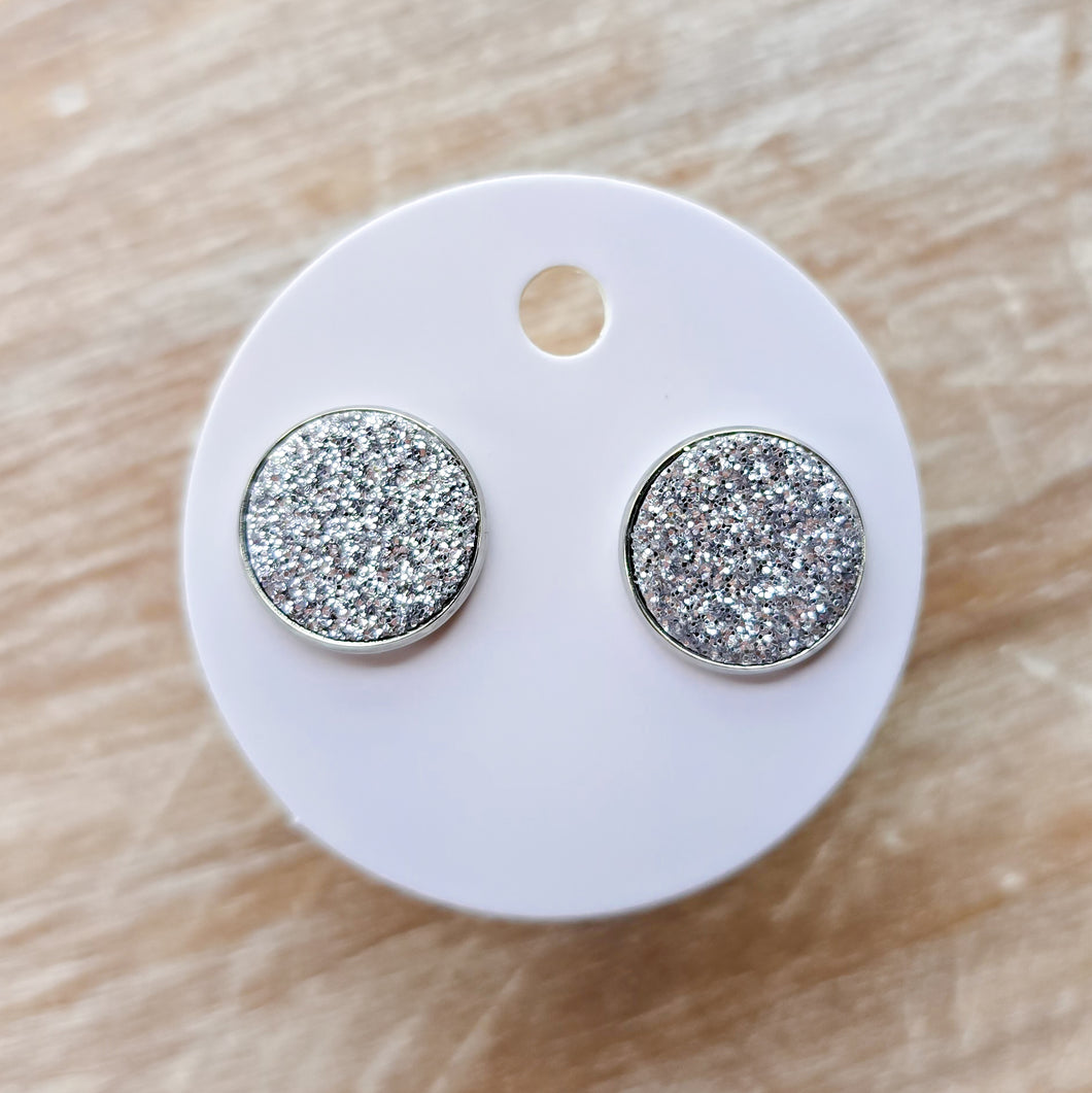 Silver Glitter Leather Stud Earrings