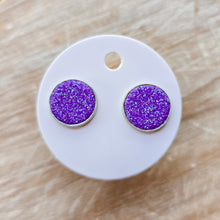 Load image into Gallery viewer, Purple Glitter Leather Stud Earrings
