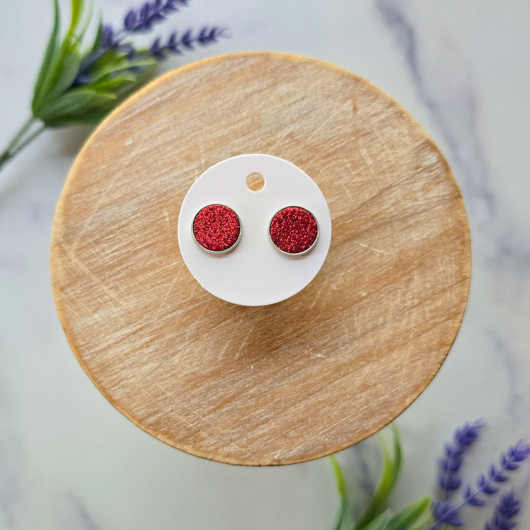 Red Glitter Leather Stud Earrings