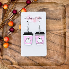 Load image into Gallery viewer, Ghost Halloween Coffee Cup Handpainted Wooden Earrings
