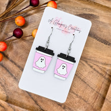 Load image into Gallery viewer, Ghost Halloween Coffee Cup Handpainted Wooden Earrings

