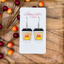 Load image into Gallery viewer, Candy Corn Halloween Coffee Cup Handpainted Wooden Earrings
