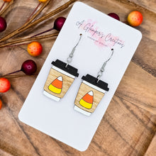 Load image into Gallery viewer, Candy Corn Halloween Coffee Cup Handpainted Wooden Earrings
