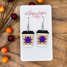 Load image into Gallery viewer, Spider Halloween Coffee Cup Handpainted Wooden Earrings
