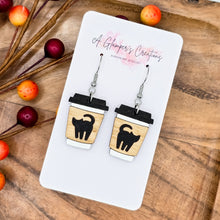 Load image into Gallery viewer, Black Cat Halloween Coffee Cup Handpainted Wooden Earrings
