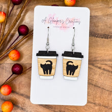 Load image into Gallery viewer, Black Cat Halloween Coffee Cup Handpainted Wooden Earrings
