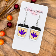 Load image into Gallery viewer, Bat Halloween Coffee Cup Handpainted Wooden Earrings
