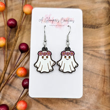 Load image into Gallery viewer, Ghost with Floral Crown Handpainted Wooden Earrings

