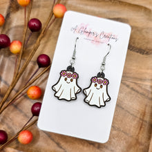 Load image into Gallery viewer, Ghost with Floral Crown Handpainted Wooden Earrings
