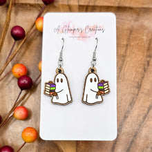 Load image into Gallery viewer, Bookish Ghost with Stack of Books Halloween Handpainted Wooden Earrings
