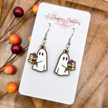 Load image into Gallery viewer, Bookish Ghost with Stack of Books Halloween Handpainted Wooden Earrings
