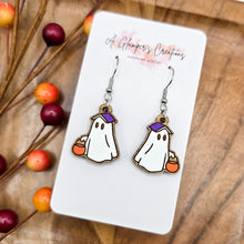 Load image into Gallery viewer, Trick or Treating Ghost with Book Halloween Handpainted Wooden Earrings
