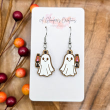 Load image into Gallery viewer, Ghost with Lava Lamp Halloween Handpainted Wooden Earrings
