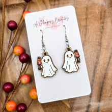 Load image into Gallery viewer, Ghost with Lava Lamp Halloween Handpainted Wooden Earrings

