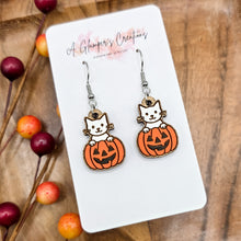 Load image into Gallery viewer, Cat in Jack O'Lantern Halloween Handpainted Wooden Earrings

