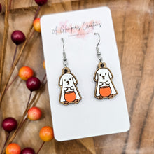 Load image into Gallery viewer, Trick or Treating Ghost Dog Halloween Handpainted Wooden Earrings
