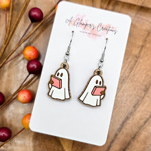 Load image into Gallery viewer, Reading Ghost Halloween Handpainted Wooden Earrings

