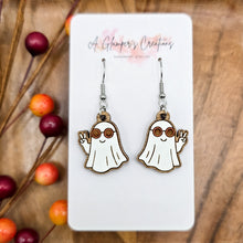 Load image into Gallery viewer, Ghost with Sunglasses Halloween Handpainted Wooden Earrings
