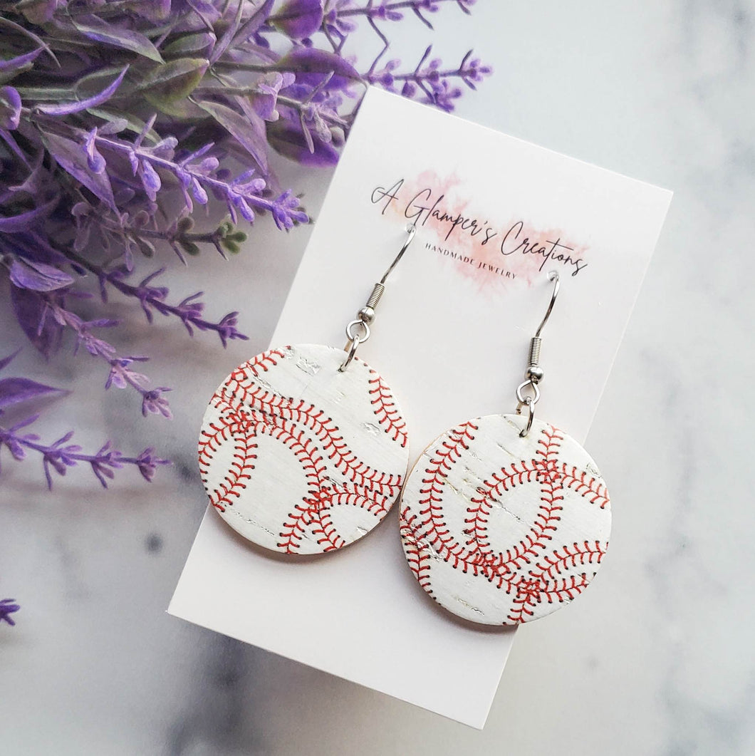 Baseball Laces Circle Drops Leather Earrings